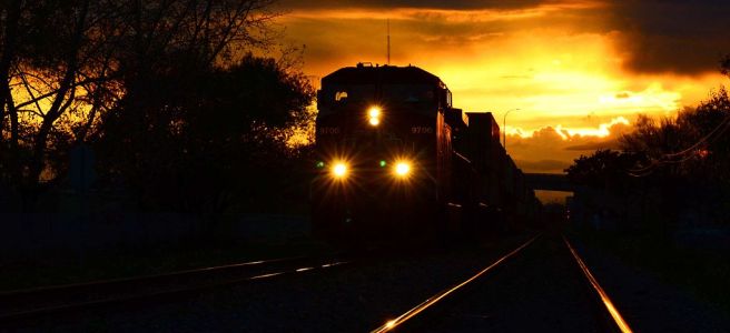 Ett tåg sett framifrån i nattlandskap.